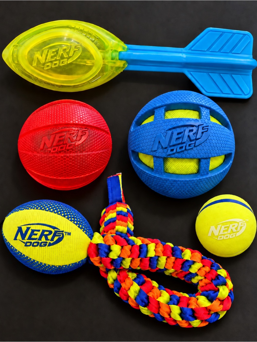 NERF Dog Fetch & Fun Collection | 5 Fetch + Tug Toys | M/L Dogs
